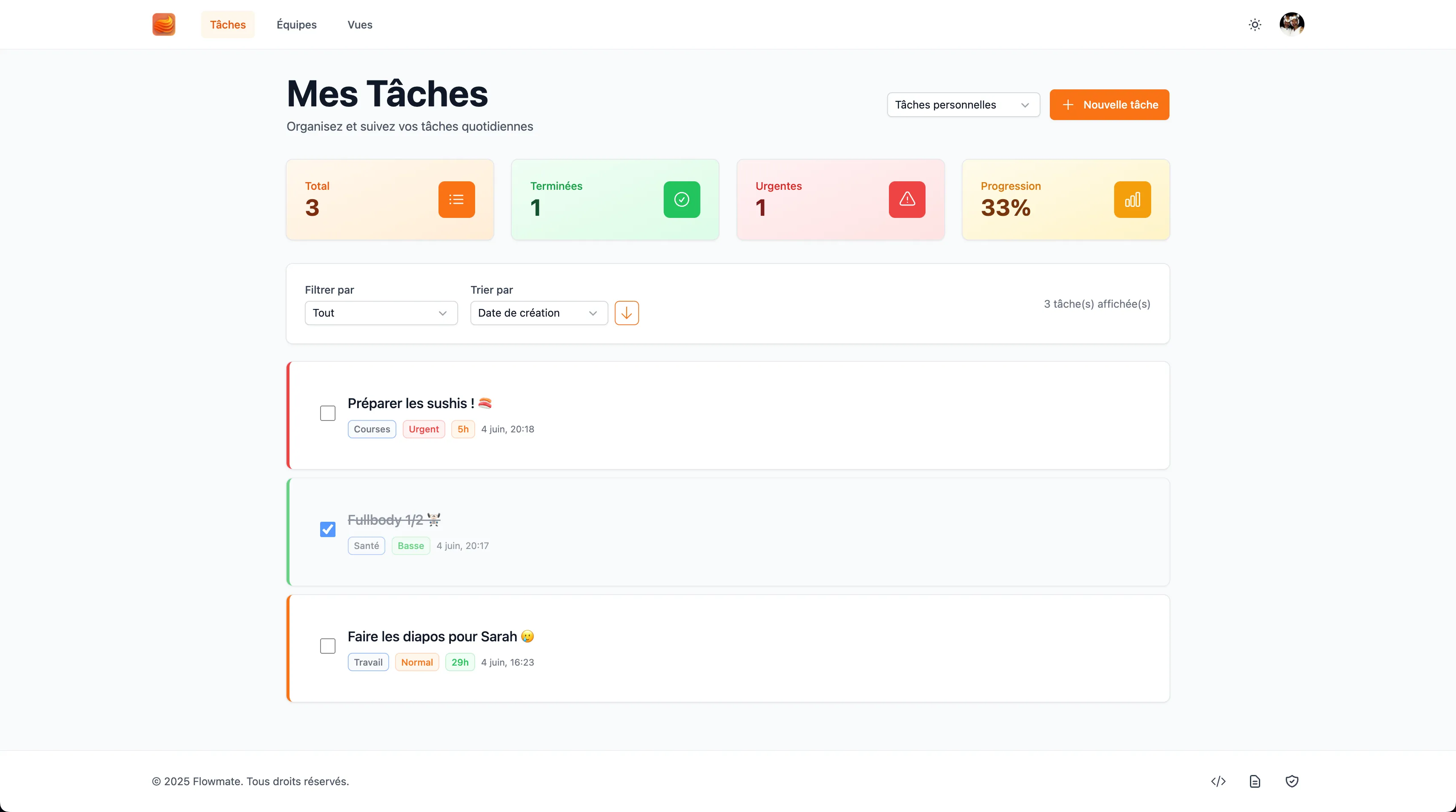 Interface de Flowmate - Gestion des tâches